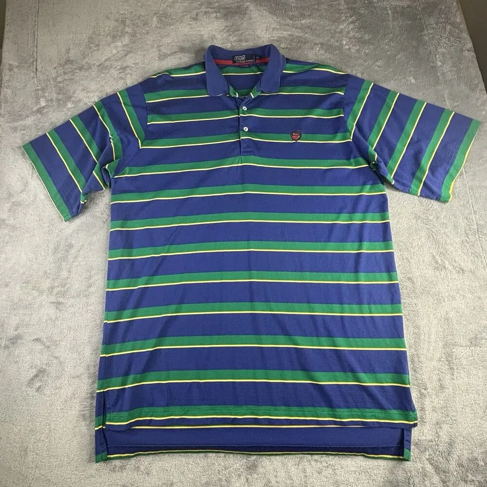 Polo Ralph Lauren Shirt Mens  XL Blue‎ Green Color Block 100% Fine Cotton Crest